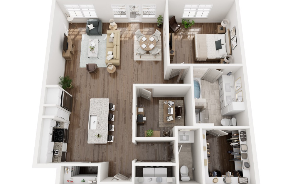 A2 - 1 bedroom floorplan layout with 1.5 bathroom and 1260 square feet (3D)