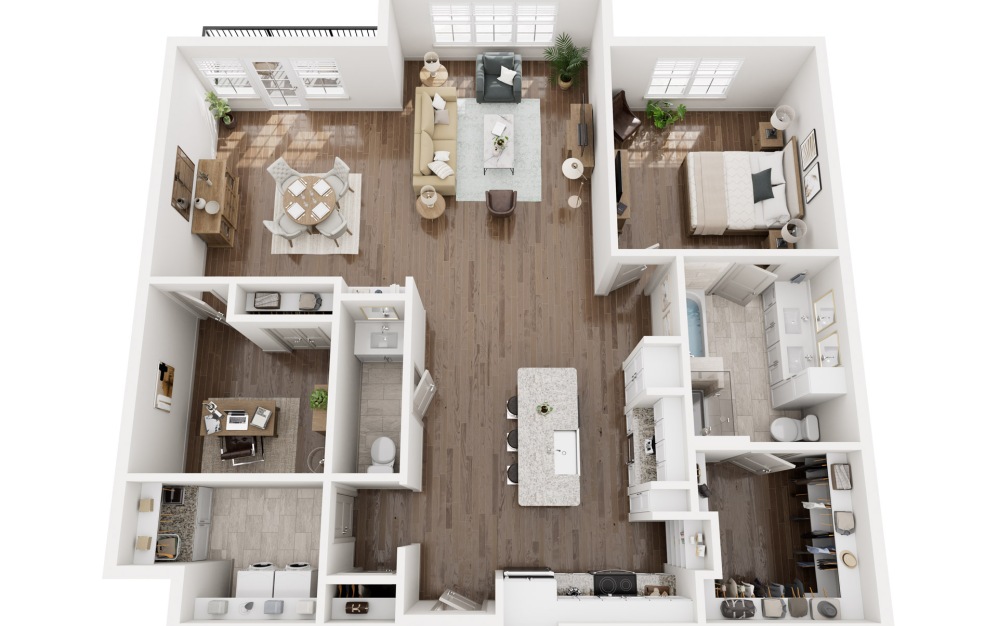 A4 - 1 bedroom floorplan layout with 1.5 bathroom and 1432 square feet (3D)