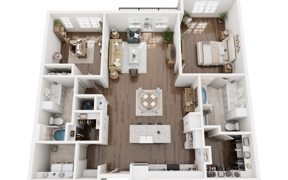 A5 - 1 bedroom floorplan layout with 2 bathrooms and 1520 square feet (3D)