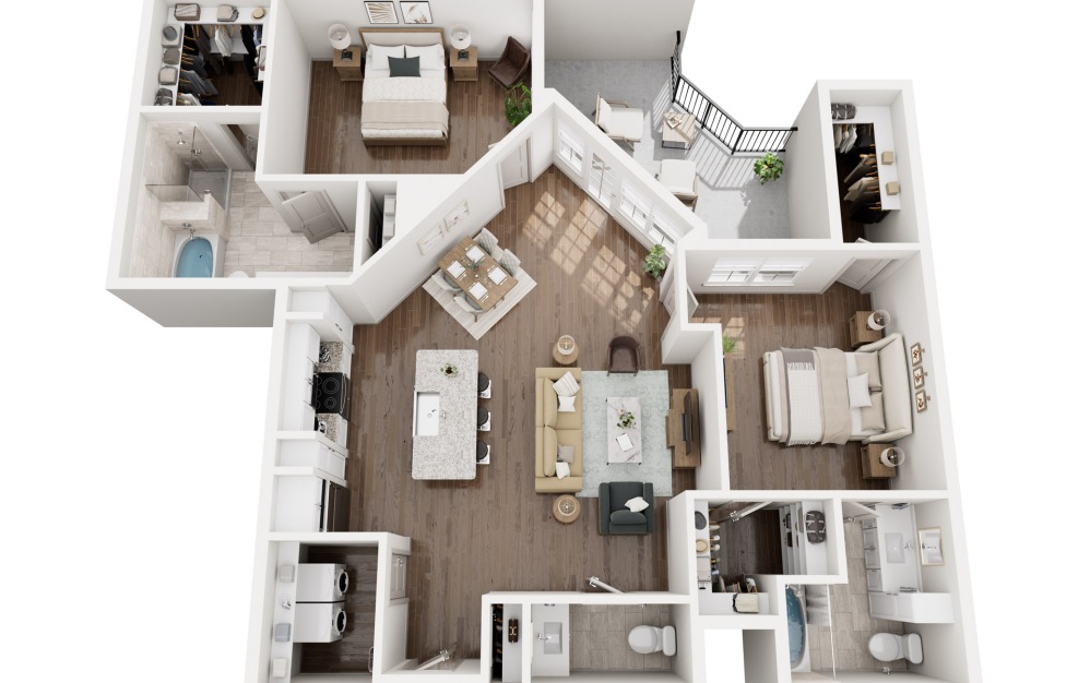 B1 - 2 bedroom floorplan layout with 2.5 bathrooms and 1468 square feet (3D)
