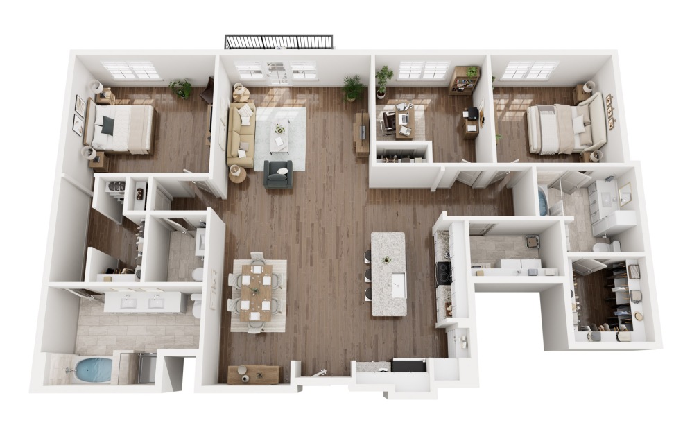 B10 - 2 bedroom floorplan layout with 2.5 bathrooms and 1967 square feet (3D)
