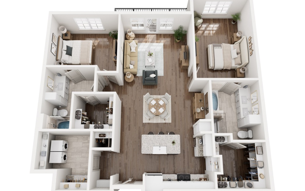 B3 - 2 bedroom floorplan layout with 2 bathrooms and 1520 square feet (3D)
