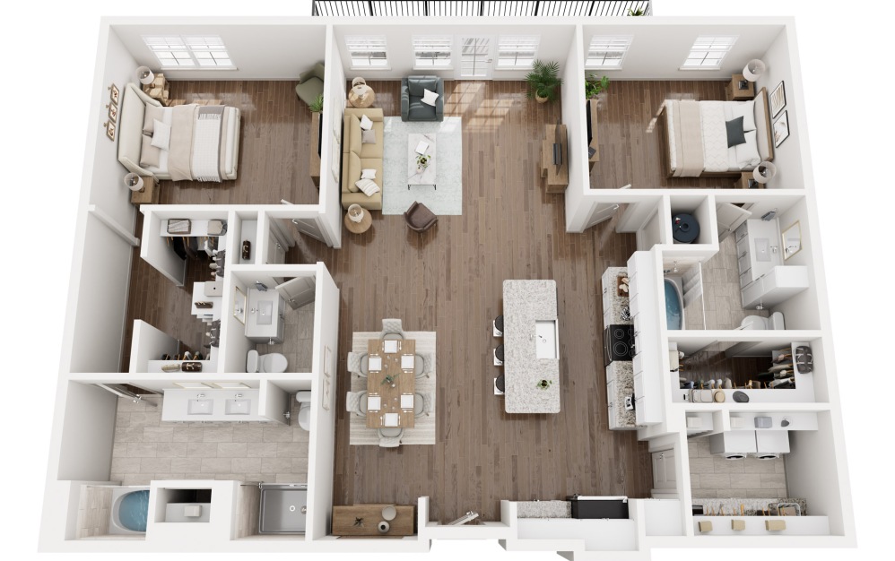 B7 - 2 bedroom floorplan layout with 2.5 bathrooms and 1668 - 1743 square feet (3D)