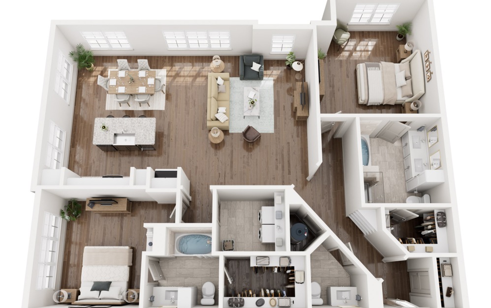 B8 - 2 bedroom floorplan layout with 2.5 bathrooms and 1680 - 1730 square feet (3D)