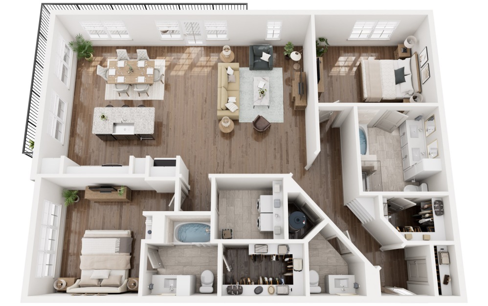 B8a - 2 bedroom floorplan layout with 2.5 bathrooms and 1693 square feet (3D)