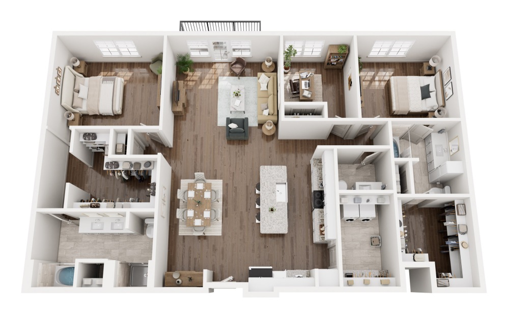 B9 - 2 bedroom floorplan layout with 2 bathrooms and 1998 square feet (3D)
